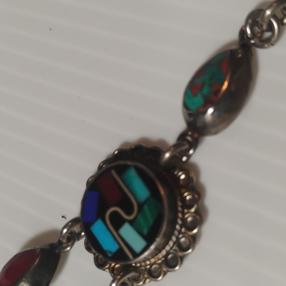 Vintage Mexico Turquoise And Inlaid Stone Silver Bracelet RARE - Picture 3 of 10